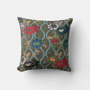 Vintage Japanese Peony Ogee Floral Pattern Throw Pillow