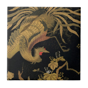 Vintage Japanese Phoenix Gold Black Bird Ceramic Tile