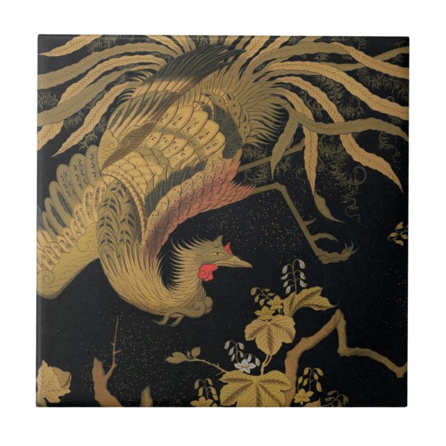 Vintage Japanese Phoenix Gold Black Bird Ceramic Tile (Front)