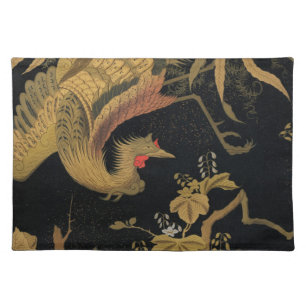 Vintage Japanese Phoenix Gold Black Bird Cloth Placemat