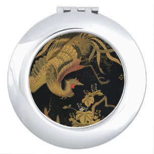 Vintage Japanese Phoenix Gold Black Bird Compact Mirror
