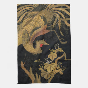Vintage Japanese Phoenix Gold Black Bird Kitchen Towel