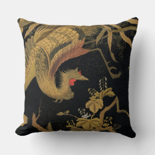 Vintage Japanese Phoenix Gold Black Bird Throw Pillow