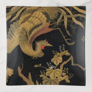 Vintage Japanese Phoenix Gold Black Bird Trinket Tray