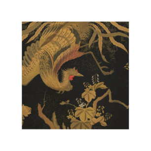 Vintage Japanese Phoenix Gold Black Bird Wood Wall Art
