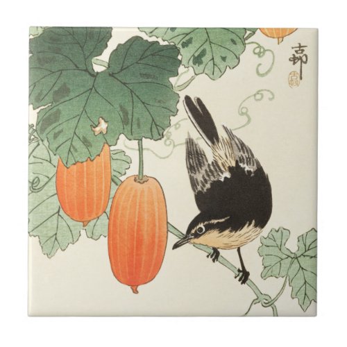 Vintage Japanese Print Orange Fruit with Bird  Ceramic Tile