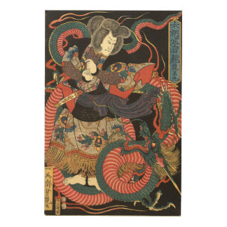 Vintage Japanese Red and Green Dragon Wood Wall Decor