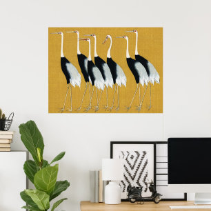 Vintage Japanese Red Crowned Crane Gold Art Poster