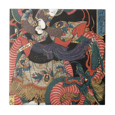 Vintage Japanese Red Dragon Ceramic Tile