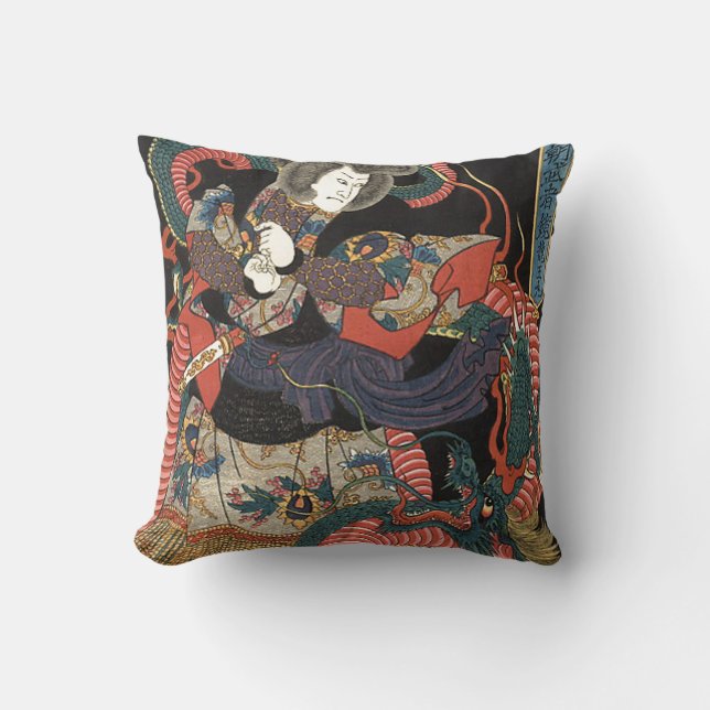 Vintage Japanese Red Dragon Throw Pillow (Front)