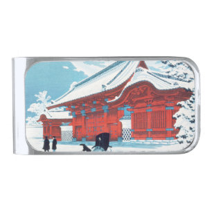 Vintage Japanese Red Gate in Winter Snow Art Silver Finish Money Clip