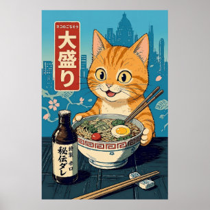 Vintage Japanese Retro Cat Ramen Noodles Wall Art