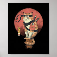Vintage Japanese Retro Sushi Samurai Neko Cat T-Sh Poster