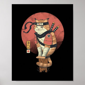 Vintage Japanese Retro Sushi Samurai Neko Cat T-Sh Poster