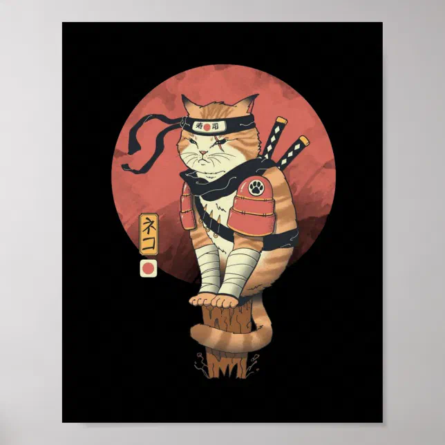 Vintage Japanese Retro Sushi Samurai Neko Cat T-Sh Poster | Zazzle