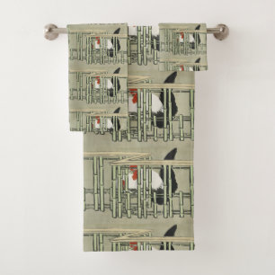 Vintage Japanese Rooster Behind Bamboo Fence Art Bath Towel Set