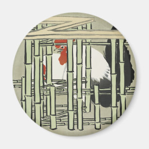 Vintage Japanese Rooster Behind Bamboo Fence Art Magnet