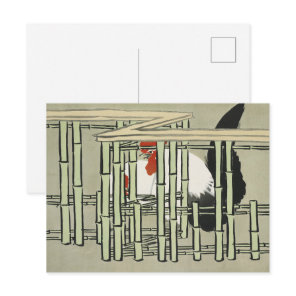 Vintage Japanese Rooster Behind Bamboo Fence Art Postcard