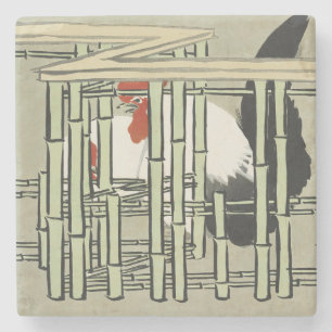 Vintage Japanese Rooster Behind Bamboo Fence Art Stone Coaster