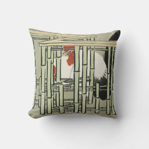 Vintage Japanese Rooster Behind Bamboo Fence Art Throw Pillow