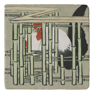 Vintage Japanese Rooster Behind Bamboo Fence Art Trivet