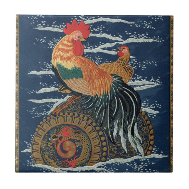 Vintage Japanese Rooster Hen Dragon Art Ceramic Tile (Front)