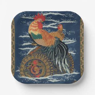Vintage Japanese Rooster Hen Dragon Art Paper Plates