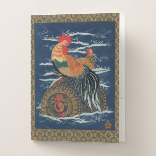 Vintage Japanese Rooster Hen Dragon Art Pocket Folder