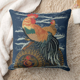 Vintage Japanese Rooster Hen Dragon Art Throw Pillow