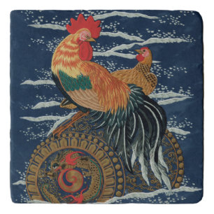 Vintage Japanese Rooster Hen Dragon Art Trivet