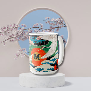 Vintage Japanese Sakura and Red Crowned Cranes Coffee Mug