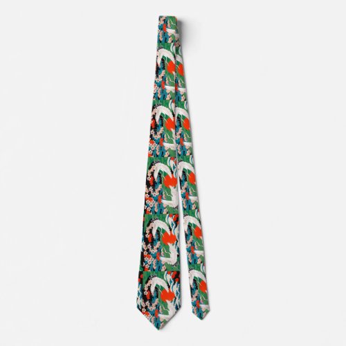 Vintage Japanese Sakura and Red Crowned Cranes Neck Tie