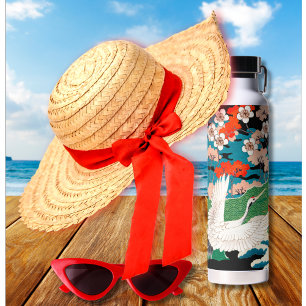 Vintage Japanese Sakura and Red Crowned Cranes Water Bottle