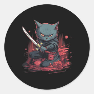 Vintage Japanese Samurai Ninja Cat Tattoo Kawaii Classic Round Sticker