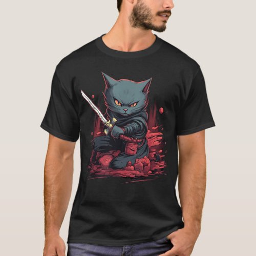 Vintage Japanese Samurai Ninja Cat Tattoo Kawaii T_Shirt