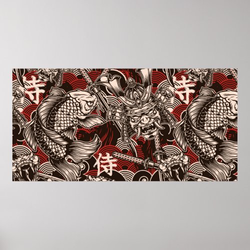 Vintage japanese seamless pattern with katana swor poster