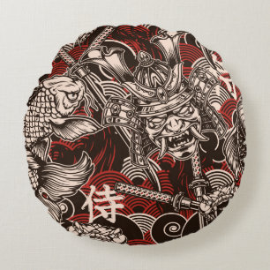 Vintage japanese seamless pattern with katana swor round pillow