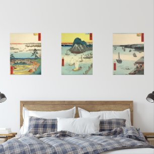 Vintage Japanese Ship and Harbor Ukiyo-e Trio Wall Art Sets