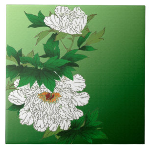 Vintage Japanese Sketch of Large White Peony Ceramic Tile