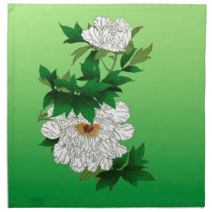 Vintage Japanese Sketch of Large White Peony Cloth Napkin