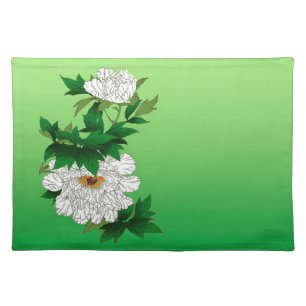 Vintage Japanese Sketch of Large White Peony Cloth Placemat