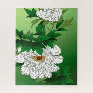 Vintage Japanese Sketch of Large White Peony Jigsaw Puzzle