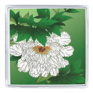 Vintage Japanese Sketch of Large White Peony Silver Finish Lapel Pin