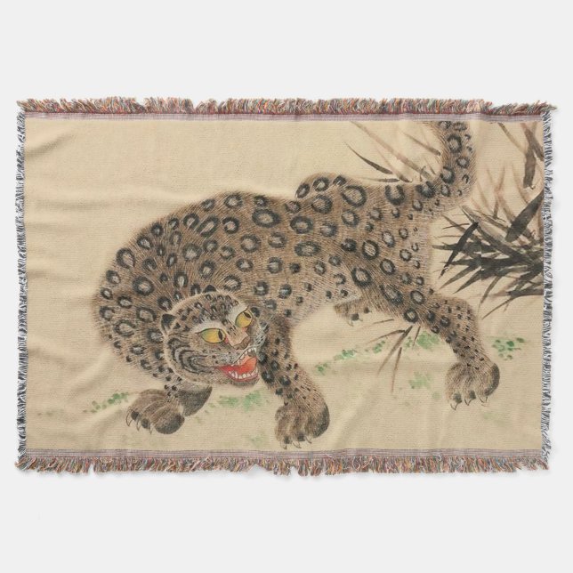 Vintage Japanese Spotted Leopard Scroll Throw Blanket (Front)