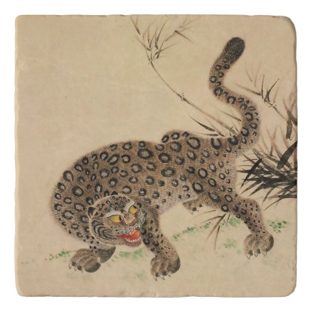 Vintage Japanese Spotted Leopard Scroll Trivet (Front)