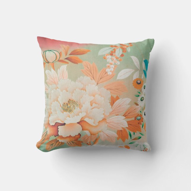 Vintage Japanese Textile, Floral Throw Pillow (Front)