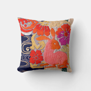 Vintage Japanese Textile, Rabbit Pattern Throw Pillow