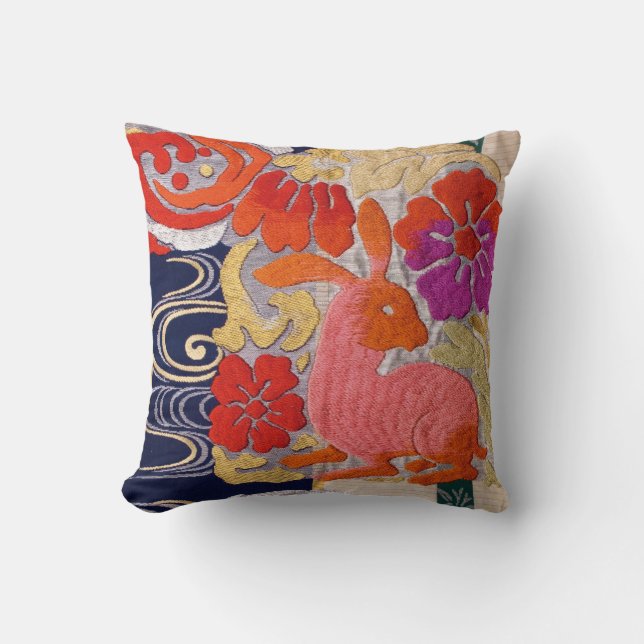 Vintage Japanese Textile, Rabbit Pattern Throw Pillow (Front)