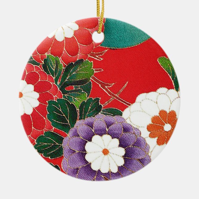 Vintage Japanese Textile - Red Dahlias Ceramic Ornament (Front)