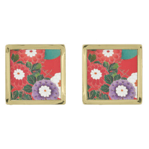 Vintage Japanese Textile - Red Dahlias Cufflinks